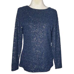 Jennifer Lopez Blue Metallic Sequin Open Back Long Sleeve Top Medium